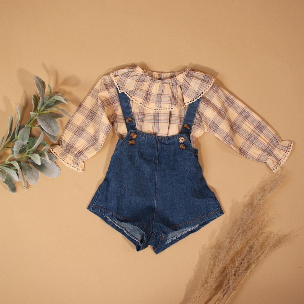 Plaid Overall Short Set Collared Matching Set